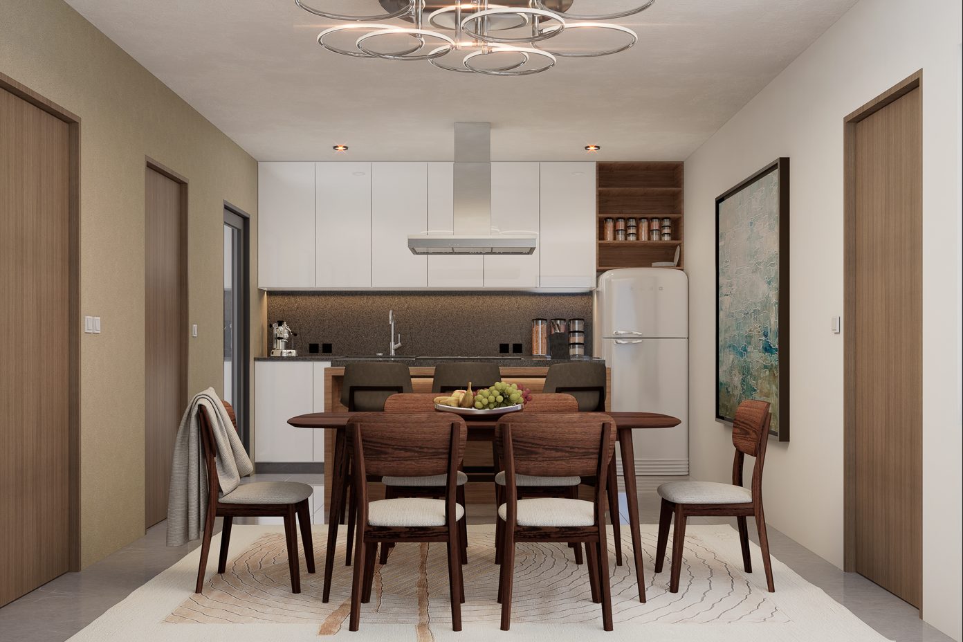 Render del comedor y cocina de un departamento tipo